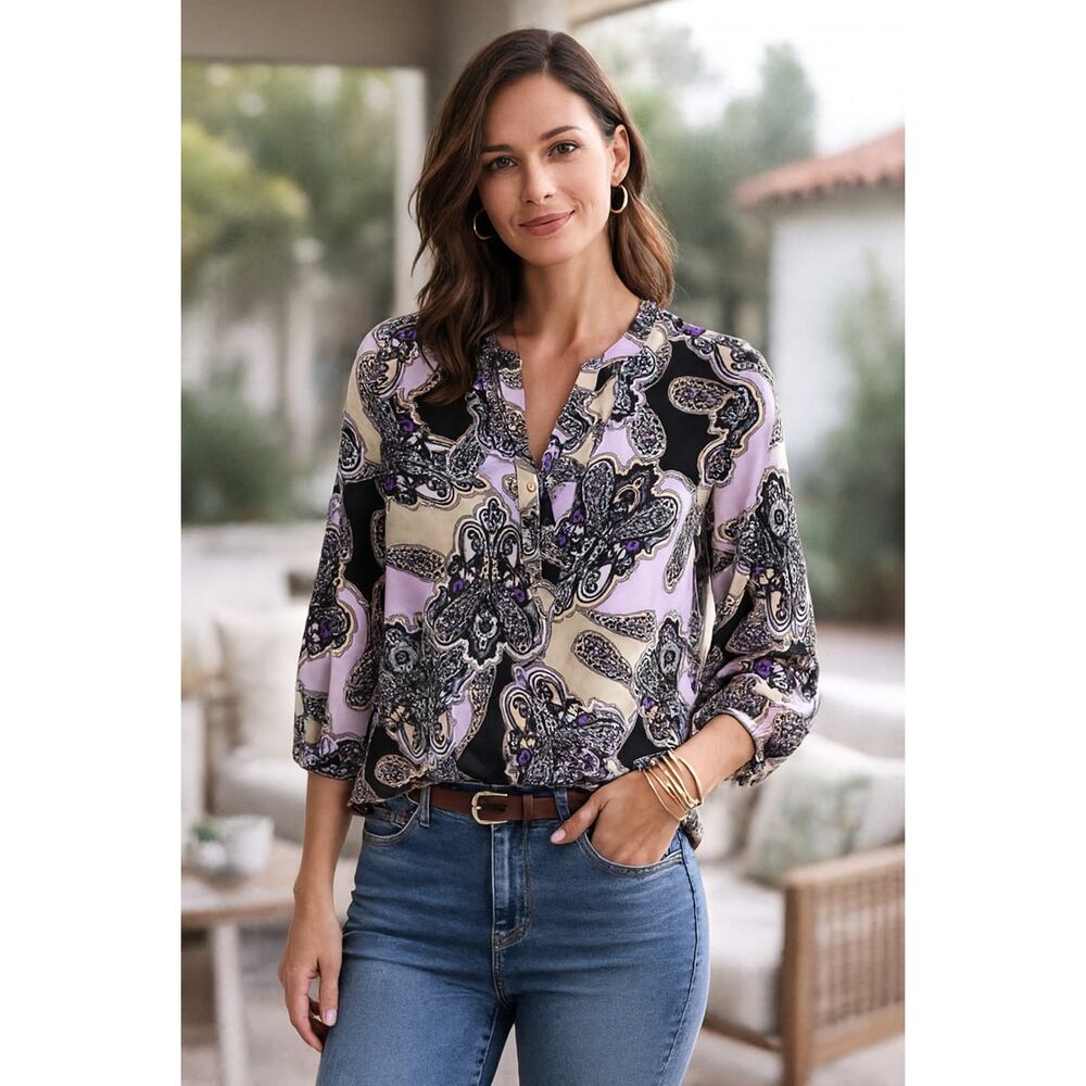 Dana Buchman Women's Novelty Tribal Pastel Western Indie Retro Print Blouse